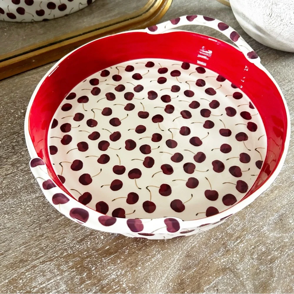 New Anthropologie Berry Icon Cherry Handpainted Stoneware Pie Dish
